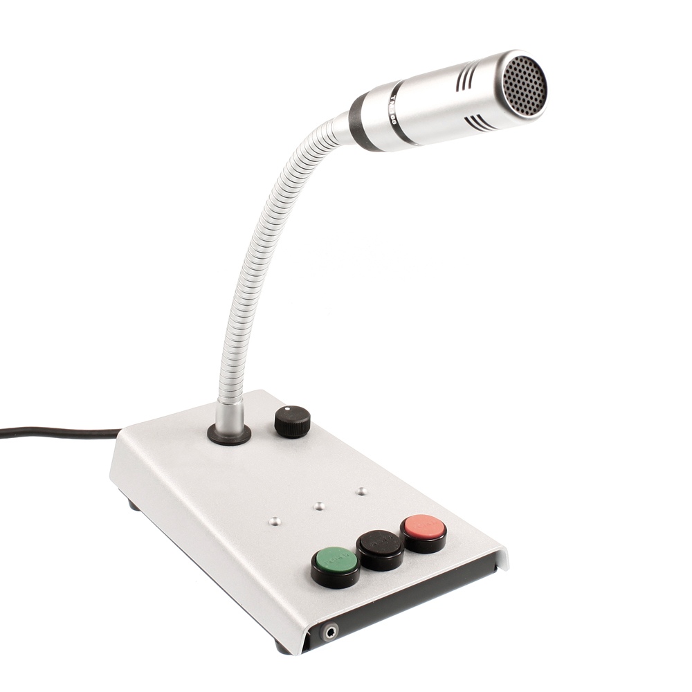 Compacte tafelmicrofoon met flexibele zwanenhals en gekleurde knoppen op de basis.