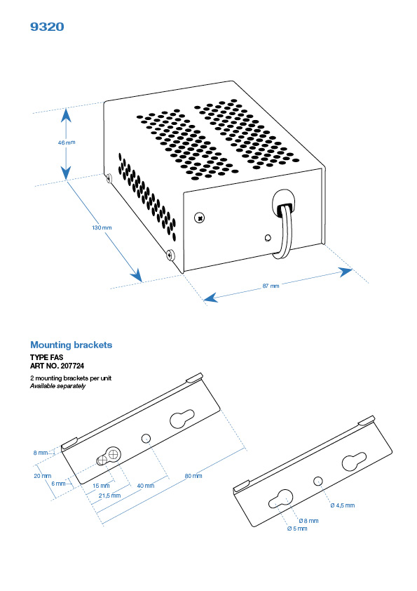 Technische tekening van een rechthoekig apparaat met ventilatiegaten en bevestigingsbeugels.