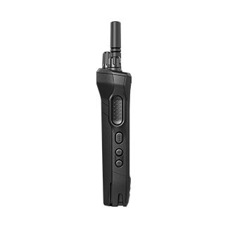 Black radio with antenna, side view.