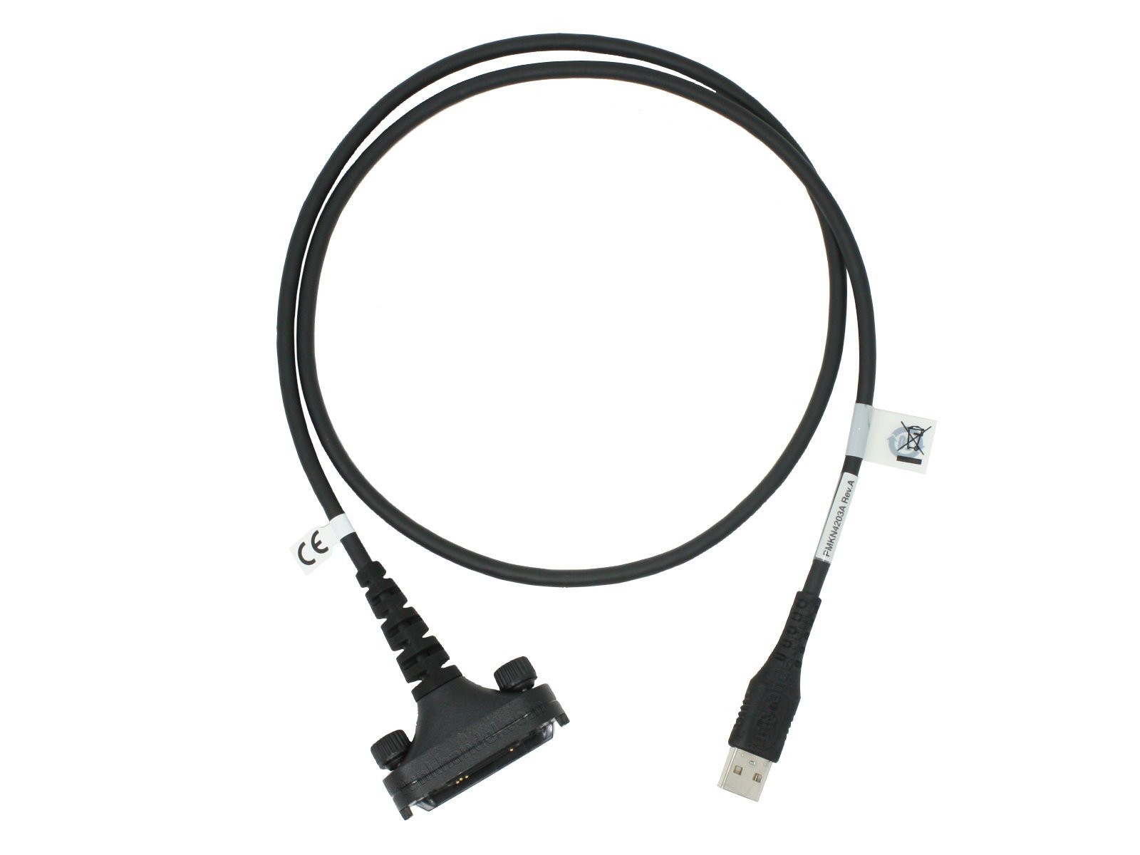 Câble de données USB noir avec connecteur rectangulaire et étiquette.