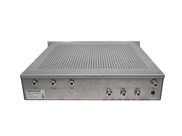 Metal case with front connectors, vented on top.