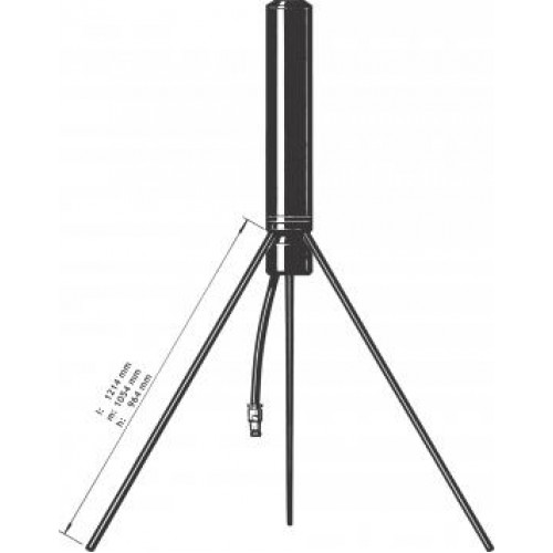 Schematische weergave van een cylindrische antenne met drie steunen en een kabel.