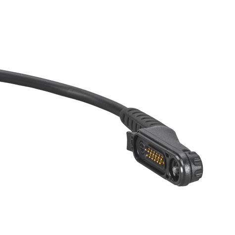 Zwart elektronisch kabel met rechthoekige connector en meerdere gouden pinnen.