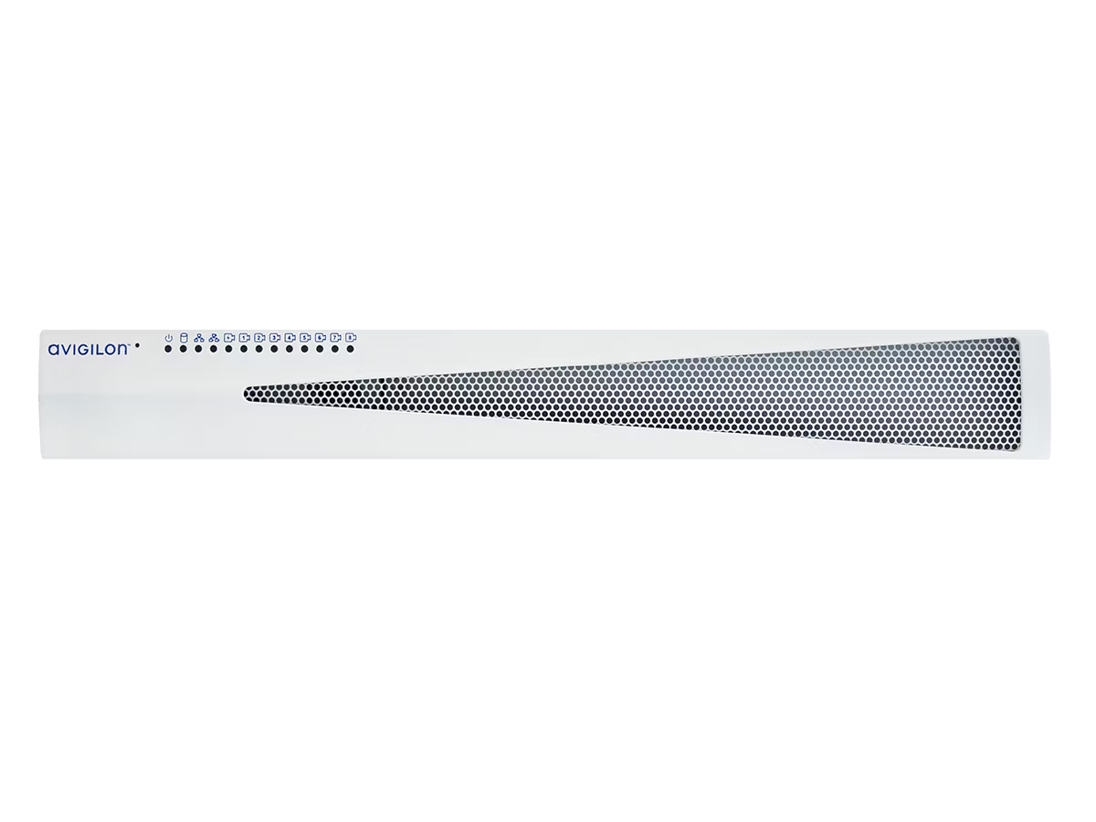 Wit elektronisch apparaat met gaatjespatroon en LED-indicatoren linksboven.