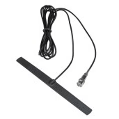 Zwarte antenne met lange kabel en een stekker aan het einde.