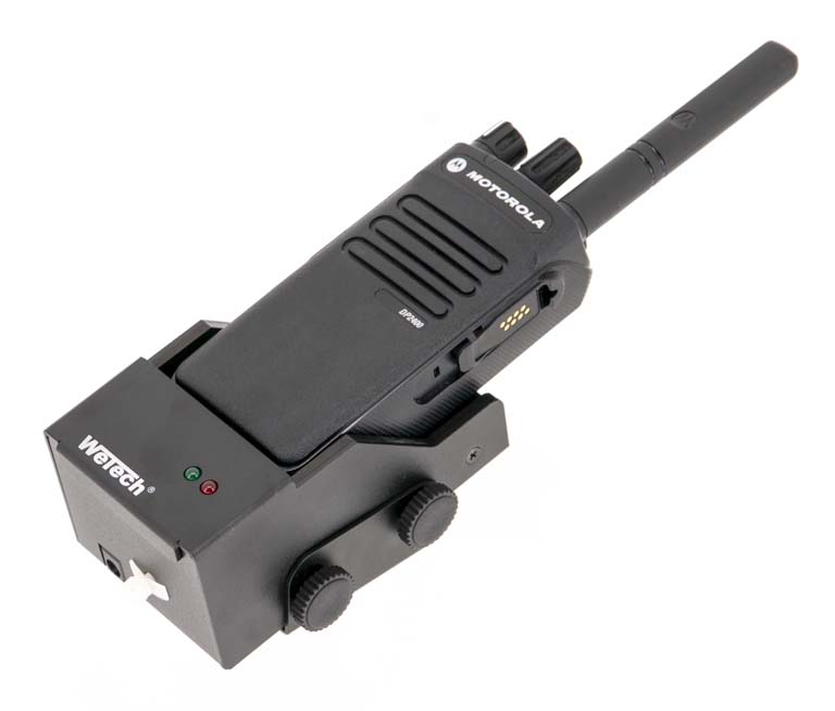Radioapparaat met opzetstuk en antenne, twee knoppen en LED's aan de onderkant.