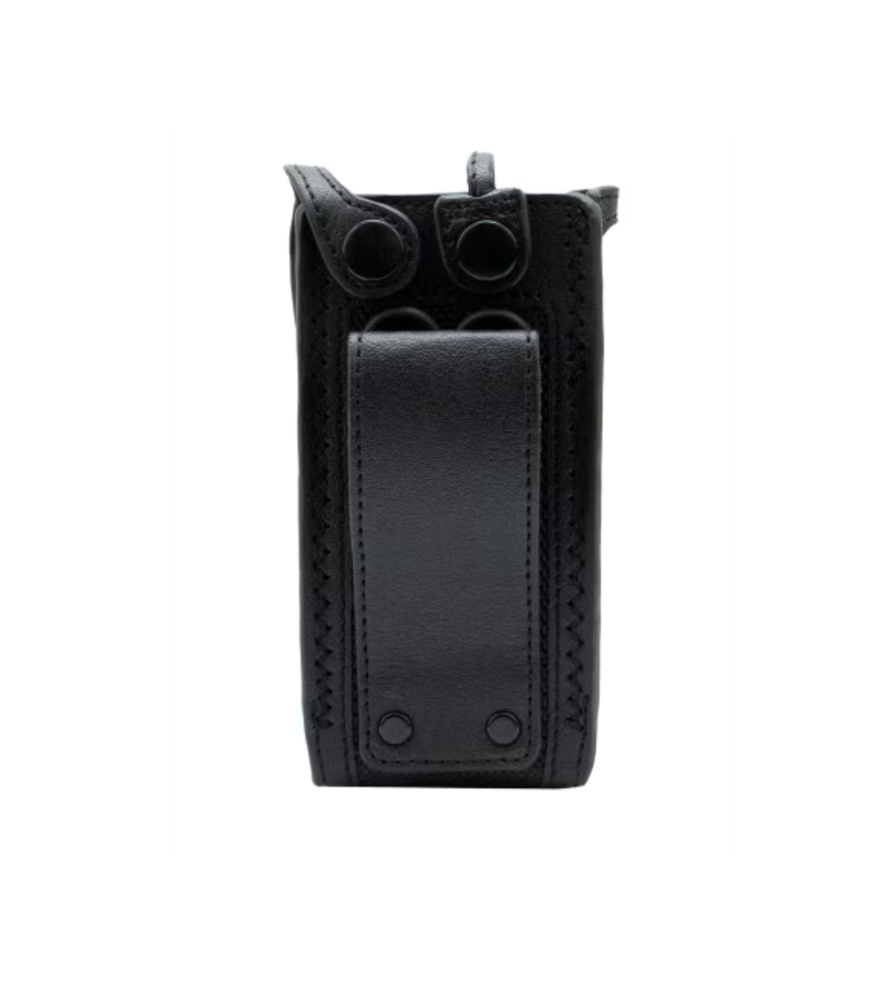 Étui en cuir noir avec passant de ceinture et fermeture à bouton-pression.