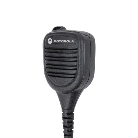 Black handheld radio microphone with brand logo at the top, cable at the bottom.