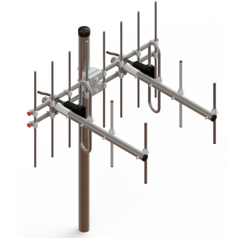 7000-00495900_pro_01.jpg U-vormige Yagi-antenne met meerdere metalen elementen op een mast.