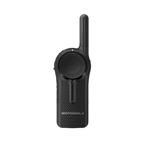 Zwart portofoon met antenne, voorkant aanzicht.