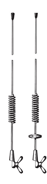 Deux fouets avec spirales en fil métallique et poignées de designs variés.