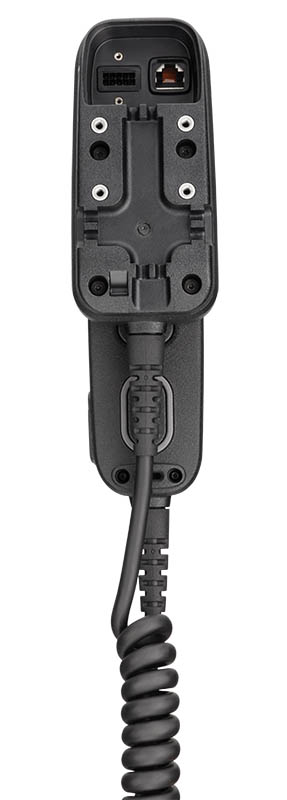 Back of an electronic handheld device with cable and ports