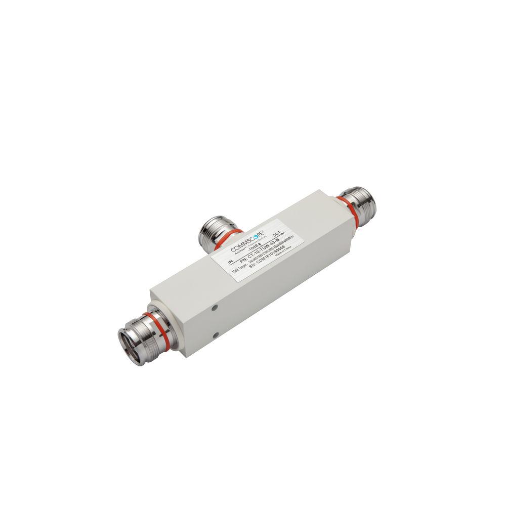 Connecteur RF blanc avec embouts métalliques aux deux extrémités.