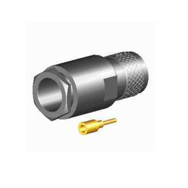 Metalen connector met geribbelde grip, kleine gele stekker ernaast.