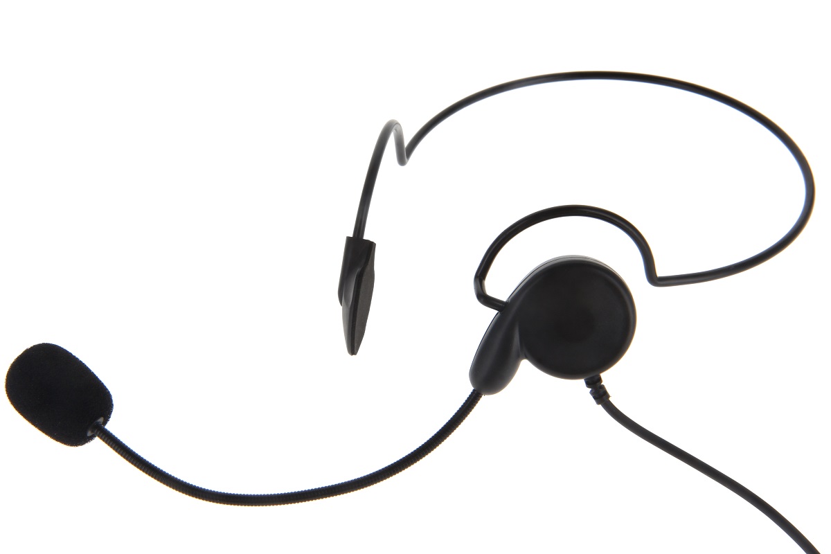 Casque noir avec microphone et écouteur.