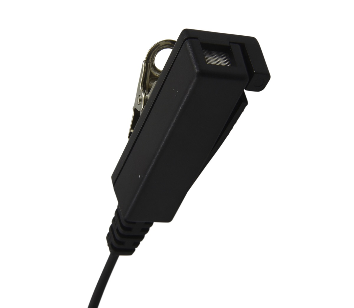 Black cable clip with metal clamp for electrical connections.
