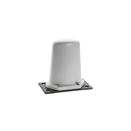 Grijze antenne op rechthoekige basis met schroeven.