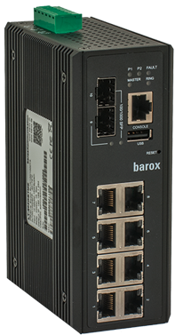 Industriële Ethernet-switch met 8 RJ45-poorten en twee glasvezelpoorten.