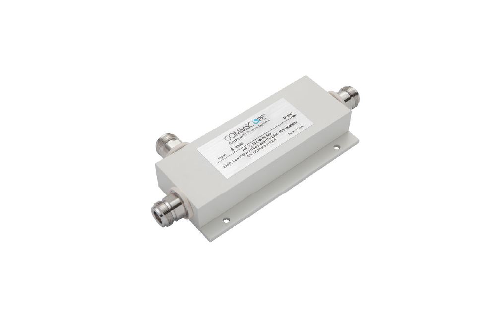 Cylindrical signal coupler with coaxial connectors at both ends.