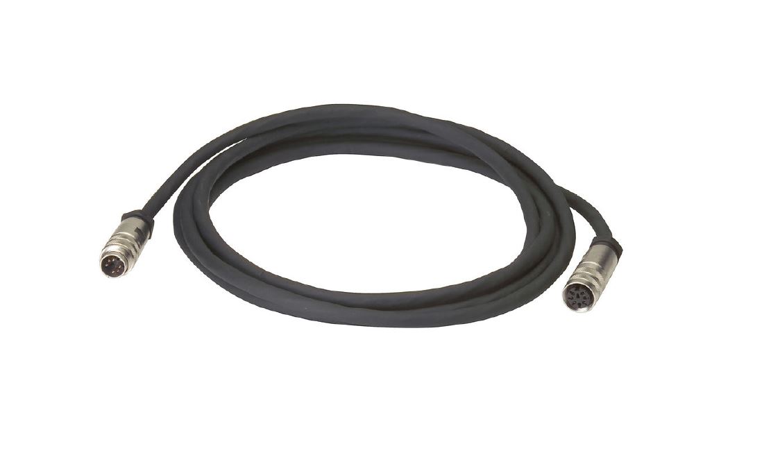 Câble noir avec deux connecteurs métalliques ronds aux extrémités.