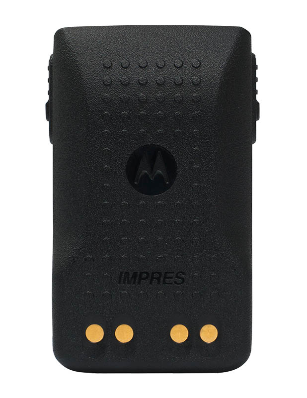 Black radio battery with gold contacts, brand logo visible.