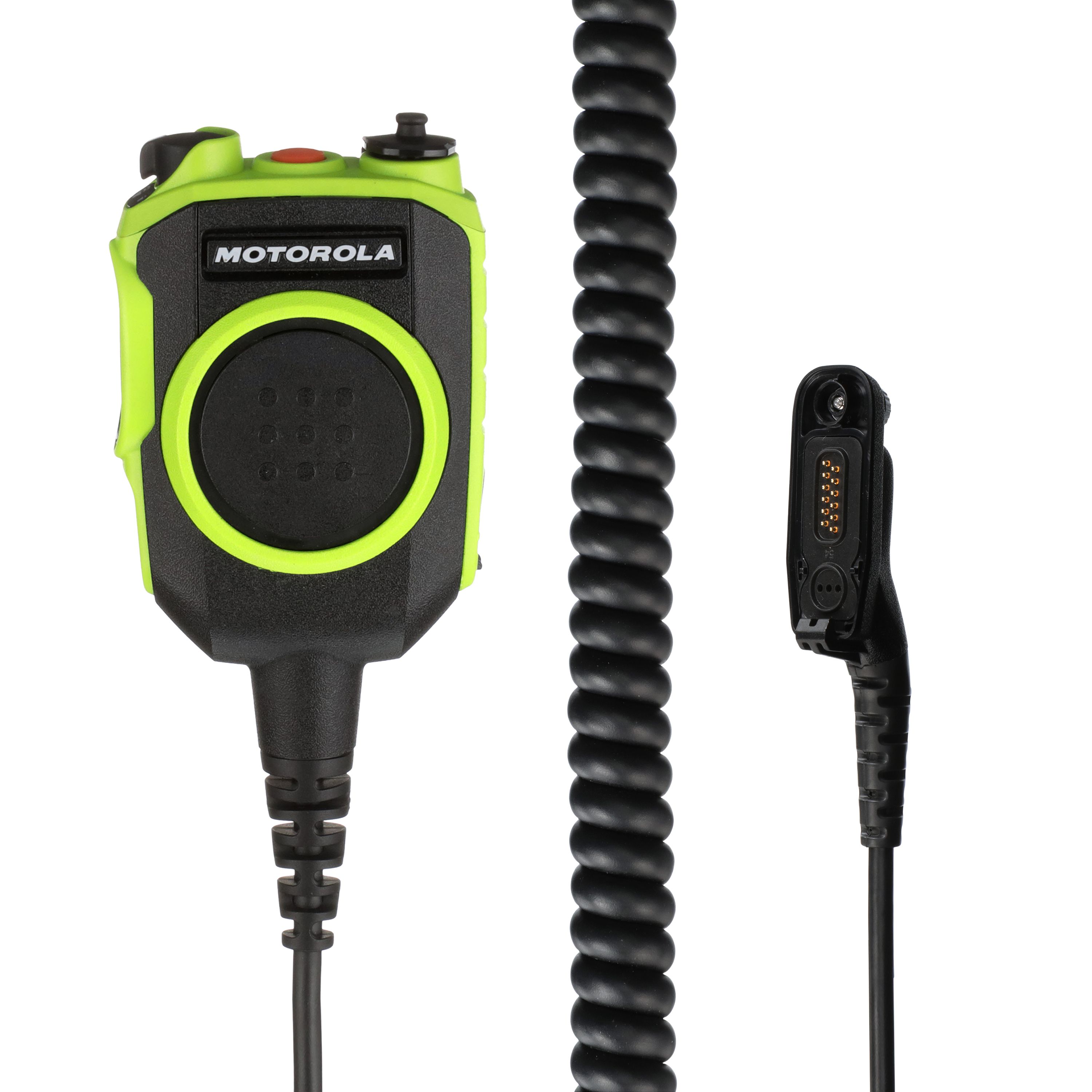 Tweerichtingsmicrofoon met spiraalkabel, groen-zwart, merk gedrukt.