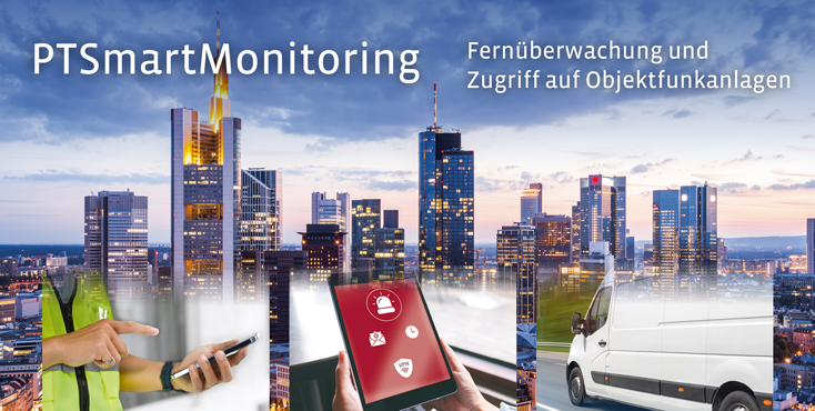 Stadsgezicht met smartphones, tablet en busje, tekst: Remote monitoring en toegang tot faciliteiten