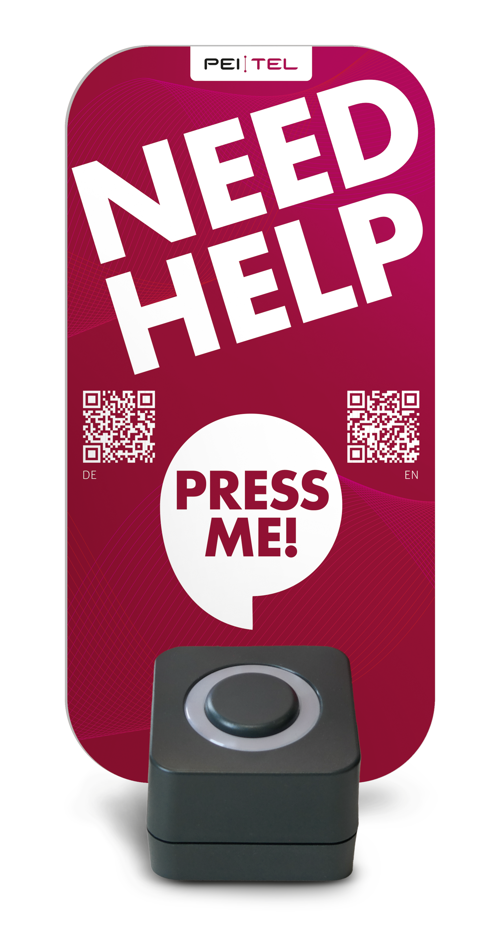 Bouton rouge avec 'NEED HELP' et 'PRESS ME'. QR codes à gauche et à droite pour DE et EN.