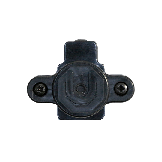 Couvercle de prise noir avec deux vis visibles.