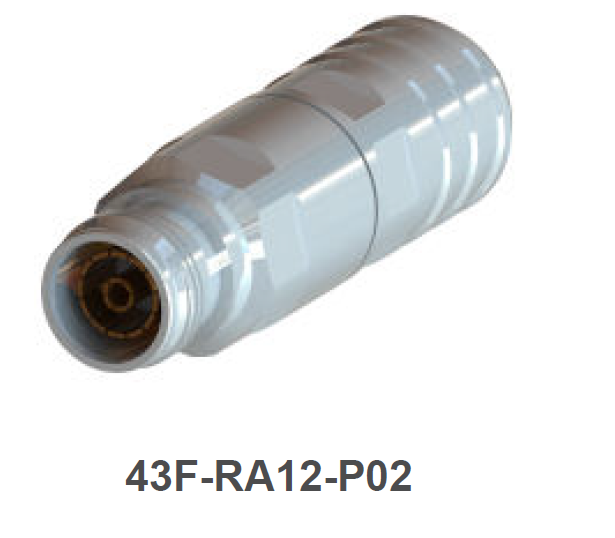 Adaptateur cylindrique, blanc et métallique, étiqueté : 43F-RA12-P02.