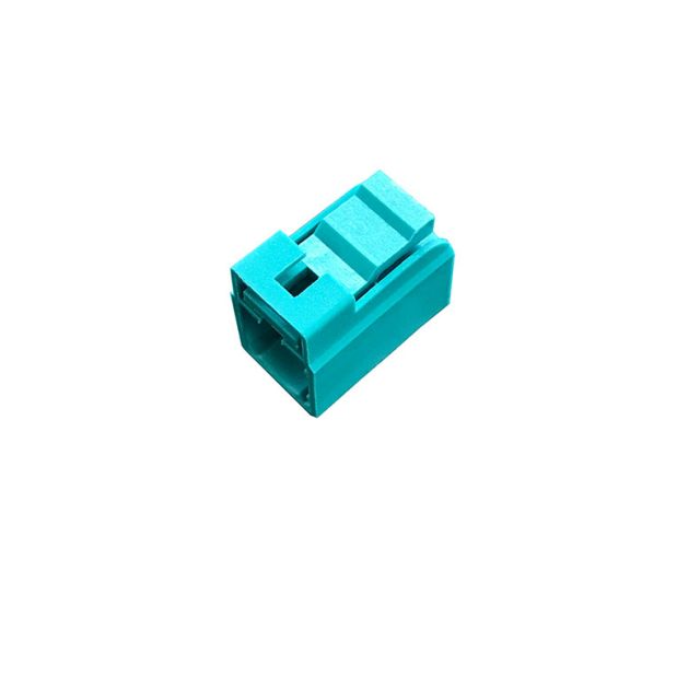 Blauwe kunststof connector met rechthoekige vorm.
