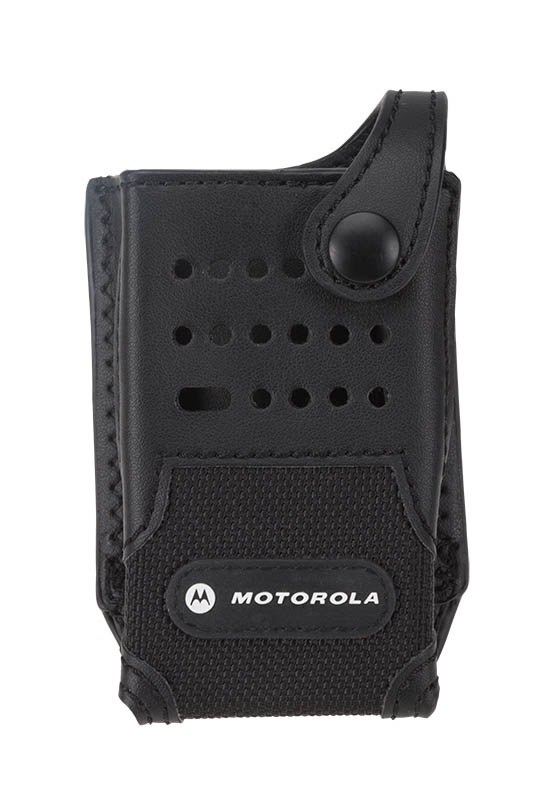 Black protective case for communication device with snap closure.