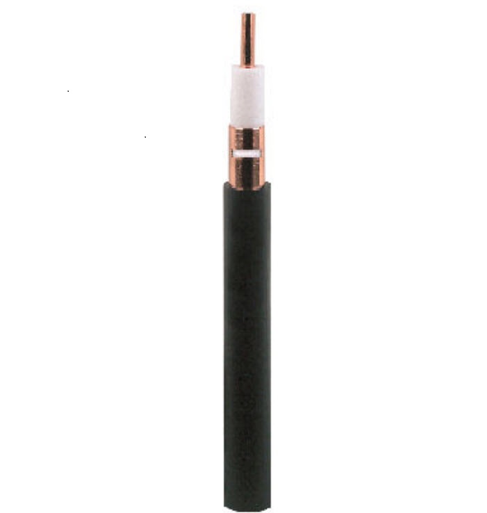 Coaxkabel met koperen kern en zwarte isolatie.