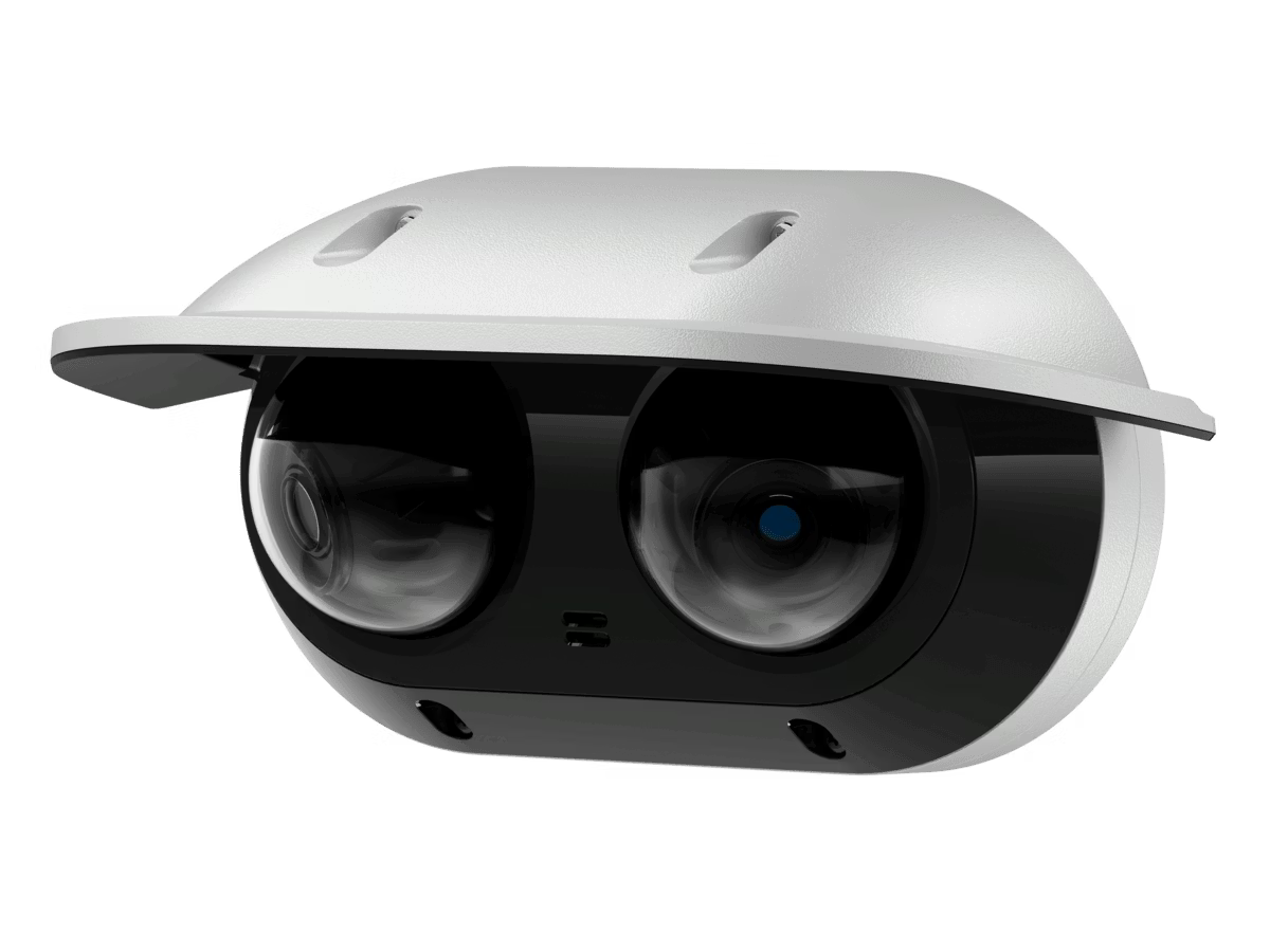 White dome surveillance camera with dual-lens front.