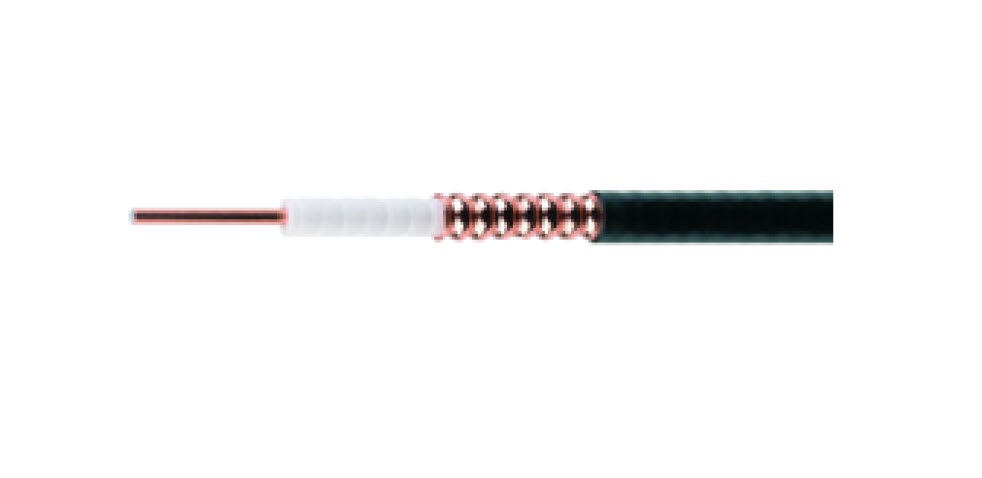 Coaxial cable with copper wire, insulation, and black sheath.