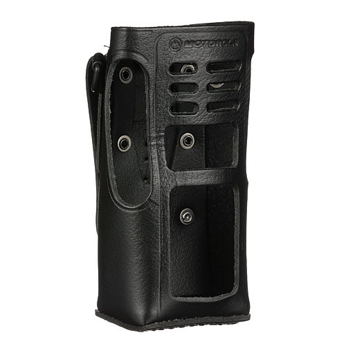 Black leather case for a radio, side holes for connectors.