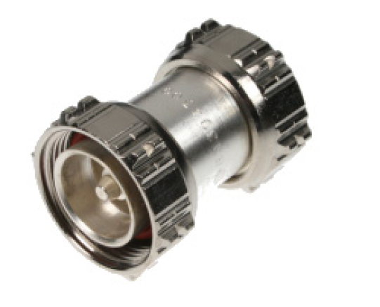 Metal coaxial cable adapter with knurled end caps.