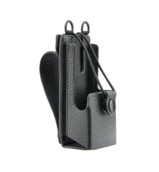 Zwarte leren riemclip met draadlus en drukknoopsluiting.
