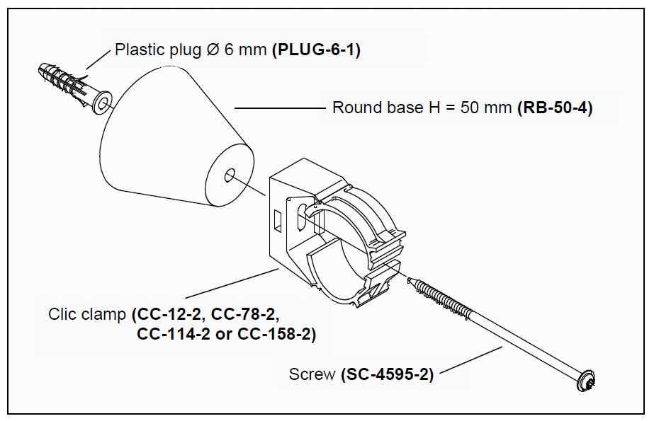 Exploded parts: plastic plug, round base, clic clamp, screw.