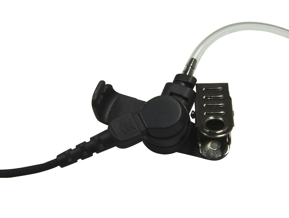 Zwarte headset-oordop met doorzichtige buis en metalen clip.