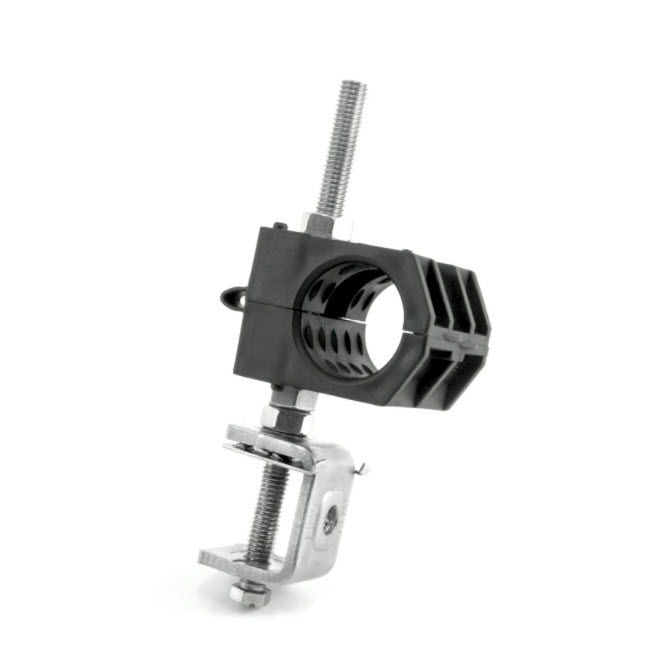 Black plastic pipe clamp with metal fasteners.