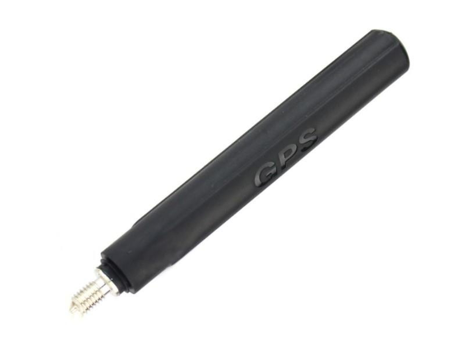 Black GPS antenna with silver threaded connector.