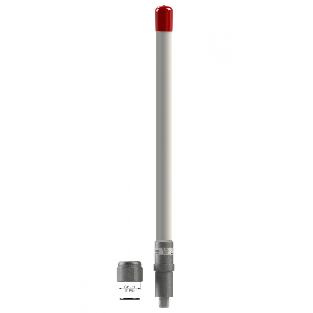 Antenne grise avec pointe rouge et pièces filetées détachables en bas.