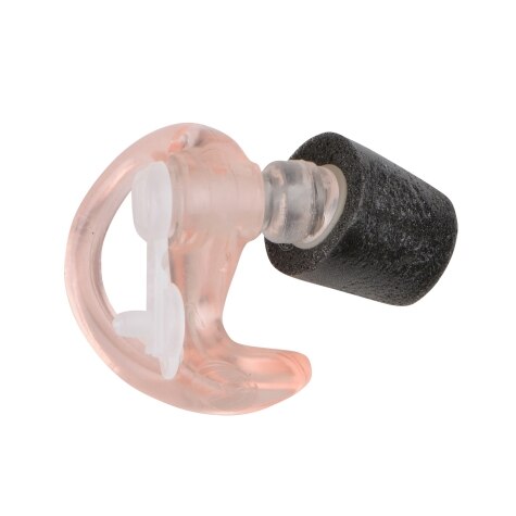Un bouchon d'oreille avec embout en mousse noire et support rose.