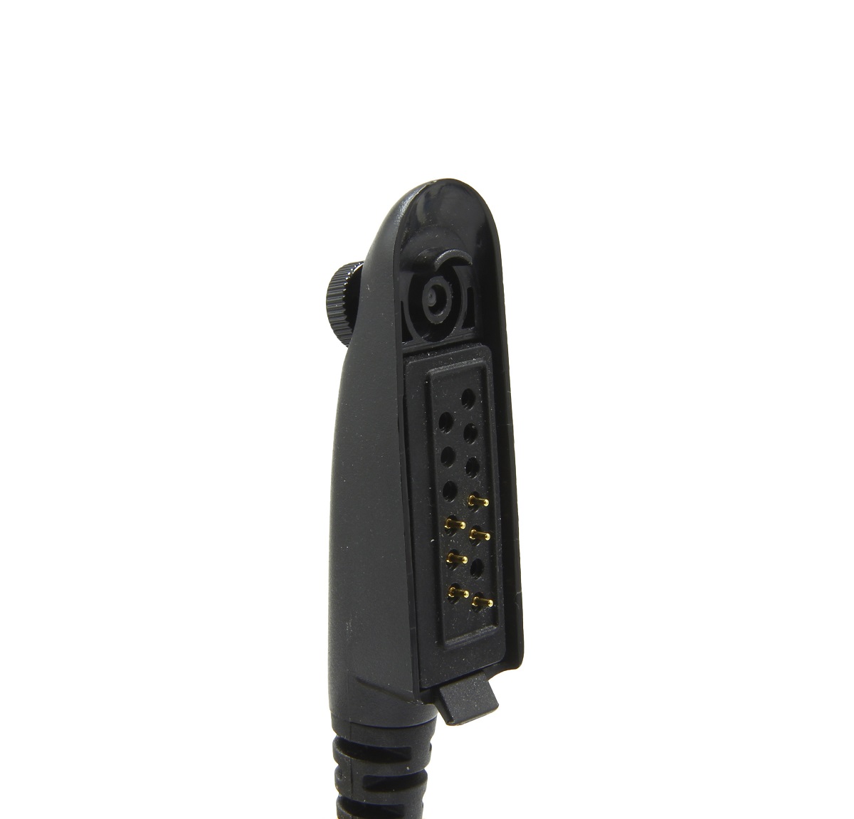 Black connector with multiple metal pins on a black cable.