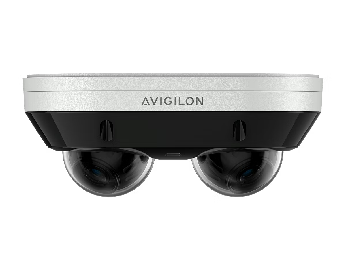 Surveillance camera with two lenses, Avigilon logo on top.