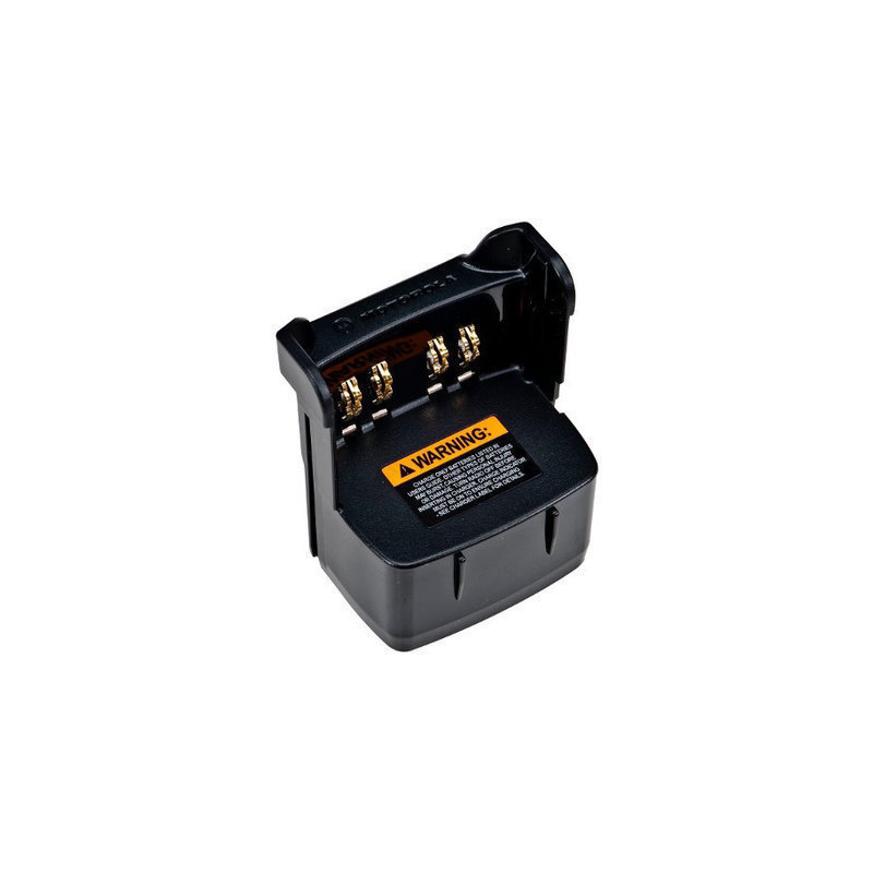 Black battery charger with warning label and four gold contacts.
