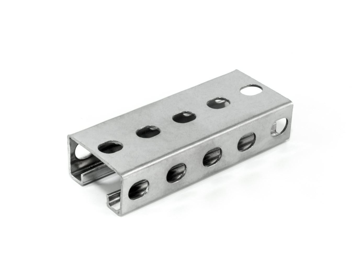 Metal rail with side and top holes.
