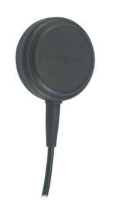 Black circular electronic device with cable.