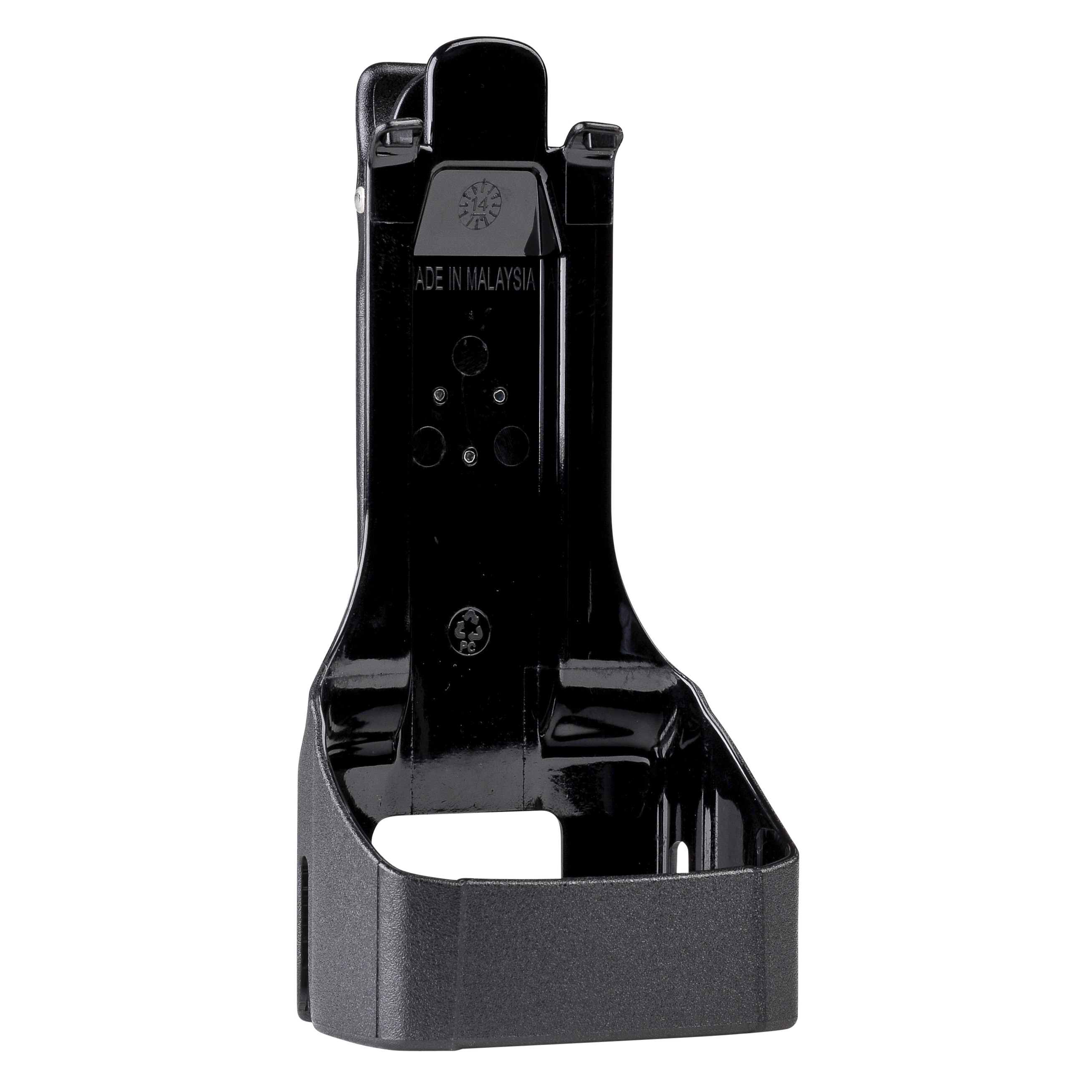 Black wall mount, plastic, label Made in Malaysia.